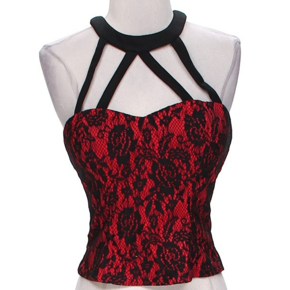 Body Central Red Floral Black Lace Halter Top